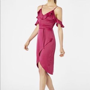 Satin Open Shoulder Dress in Fuchsia
